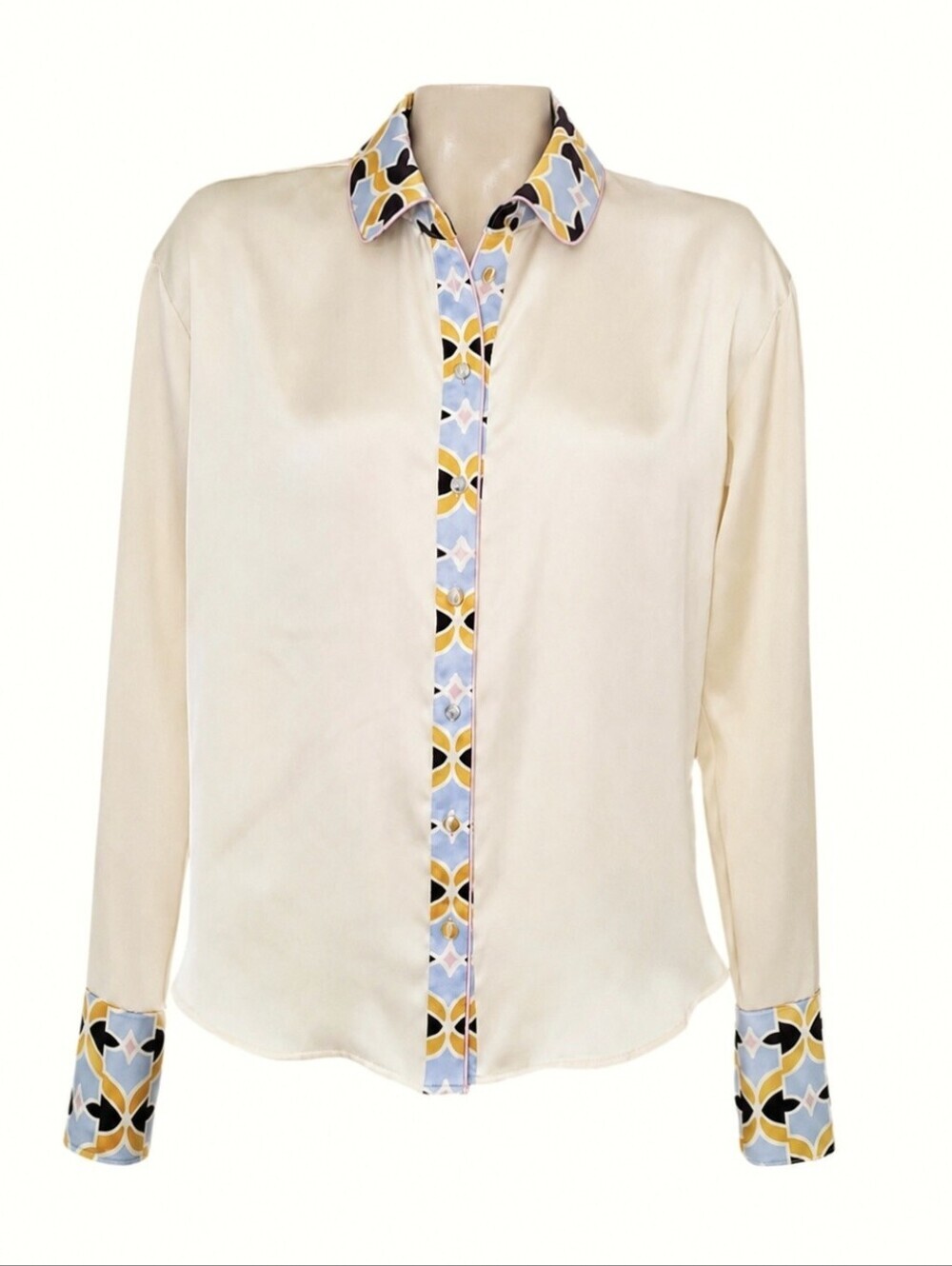 Bailey 44 NWT Ivory Button-Front Blouse Small Oversized Geometric Trim